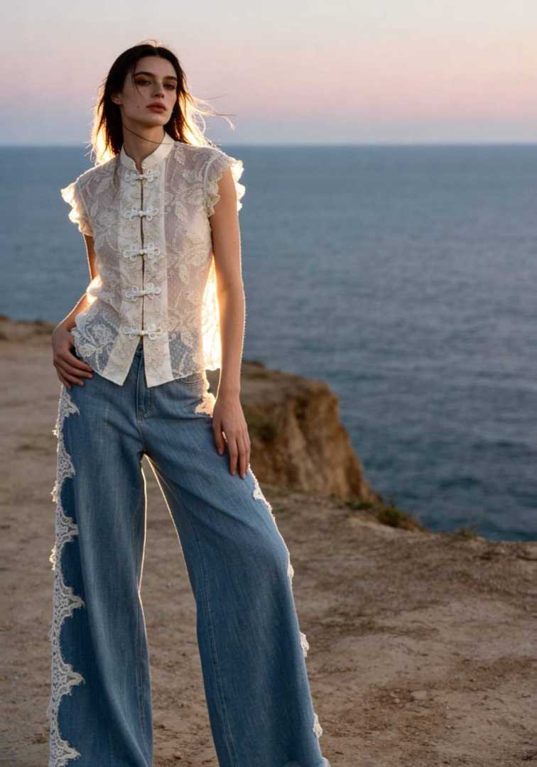 Lumina Denim wide leg flair pants